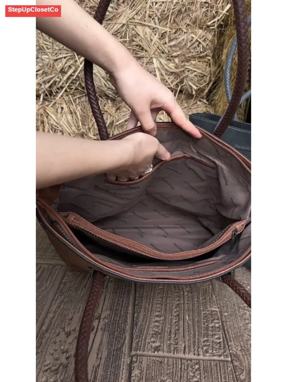 Faux Leather Woven Tote Bag for Women - Handbags & Purses with Back Zipper